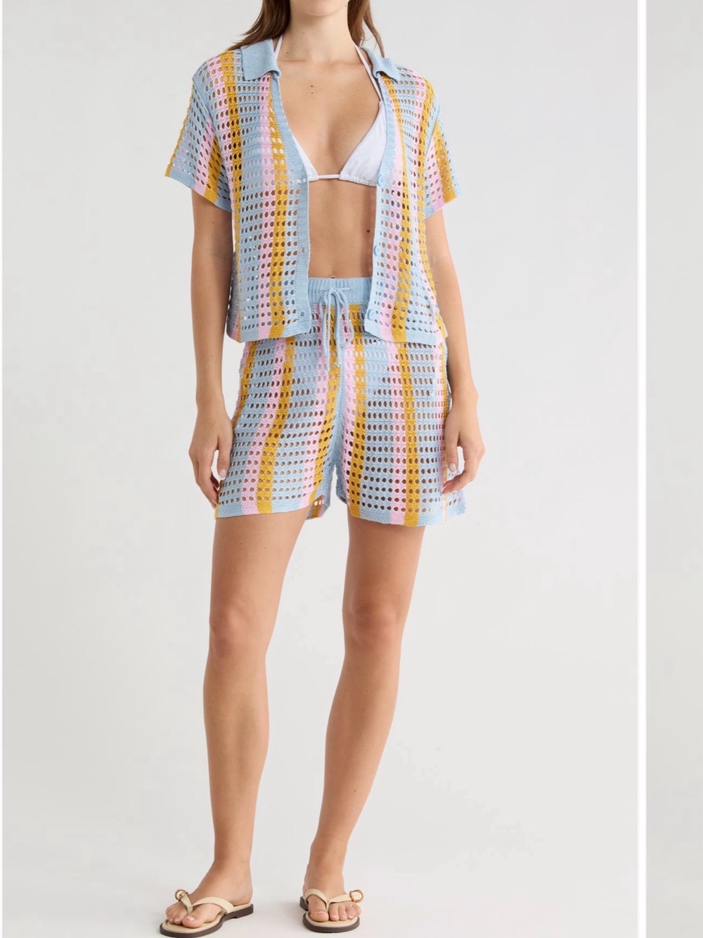 Abound Pastel Striped Crochet Two-Piece Shirt & Shorts Set